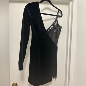 Black one shoulder h:ours velvet mini dress